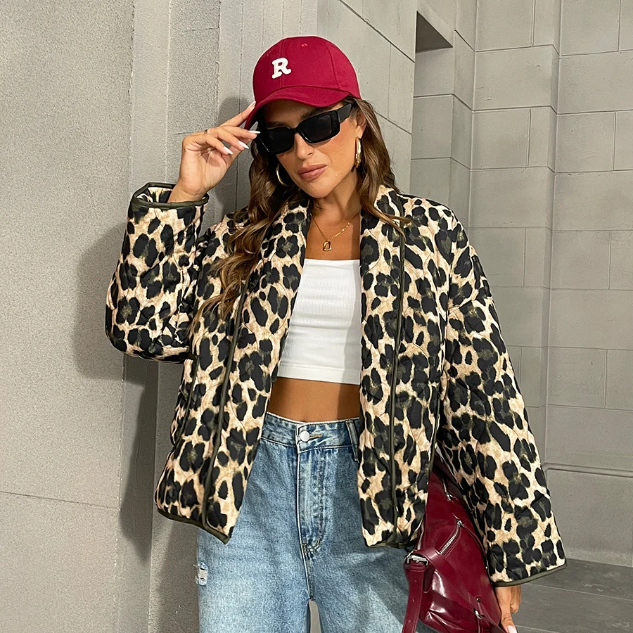 Conciso Leopard Print Oversized Quilted Coats For Women Spring Autumn Long Sleeve Cotton Outerwear Ladies Cardigan Jackets 1761