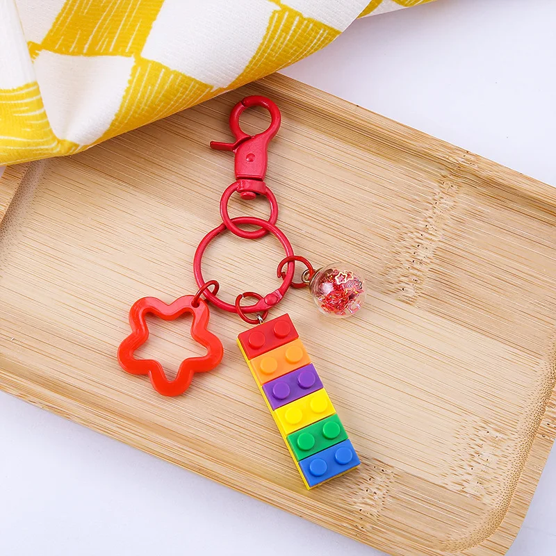 Cute Building Block Rainbow Bell Pink Keychain Pendant Decoration Bag Car Key Ring Cartoon Creative Party Gift Birthday Gift