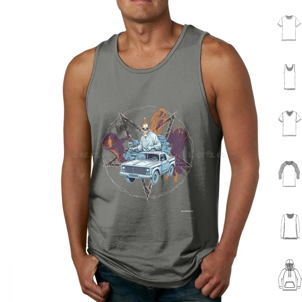 Spooky Spirit Of The Road Tank Tops Print Cotton Star Pentagram Ghost Truck Car Blue White Orange Purple Skull Candle