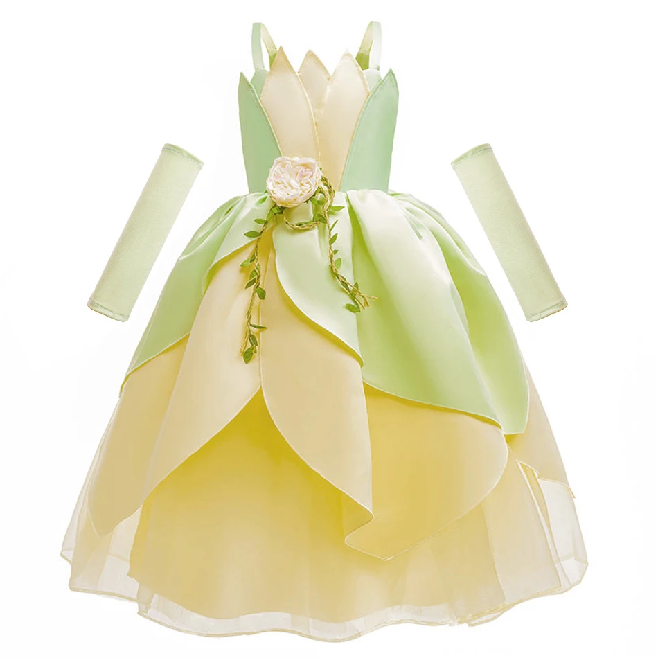 Luxury Tiana Dress For Girl Disney Princess Outfits Kid Halloween Fantasy Cosplay Costume Tiana And The Frog Dress Up Theme Sets