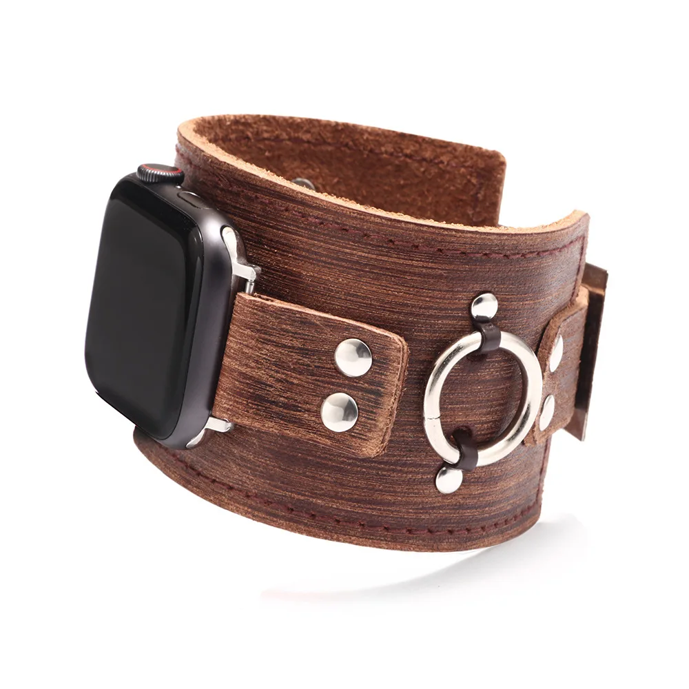 Punk Cuff Real Leather Bracelet Belt For Apple Watch Band 40mm 44mm 41mm 42mm 45mm 49mm iWatch Strap 3 4 5 6 7 8 9 SE Ultra 1 2