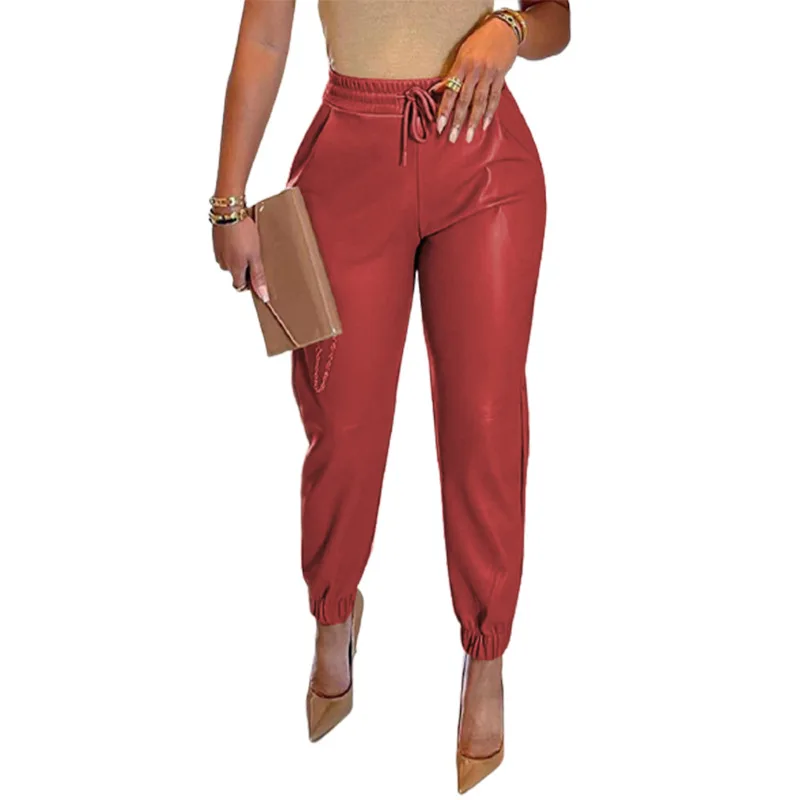المرأة الجديدة بولي Leather جلد موضة مرونة الخصر السراويل الطويلة خمر أنيقة التنقل عادية فضفاضة تناسب المرأة الشارع بنطلون Y2K