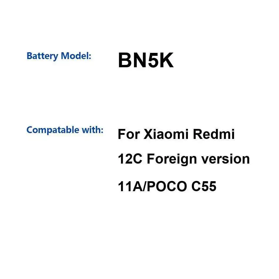 

5000Mah BN5K Durable For Xiaomi Redmi 12C Foreign Version 11A Poco C55 Mobile Phone Battery