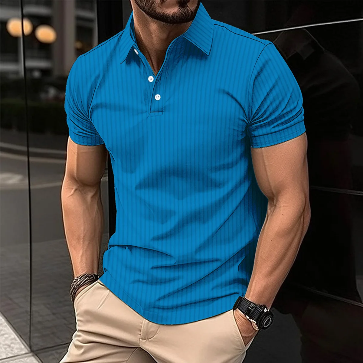 Men's summer new casual short sleeve breathable suit collar sports fitness casual elastic vertical bar short sleeve POLO shirt m