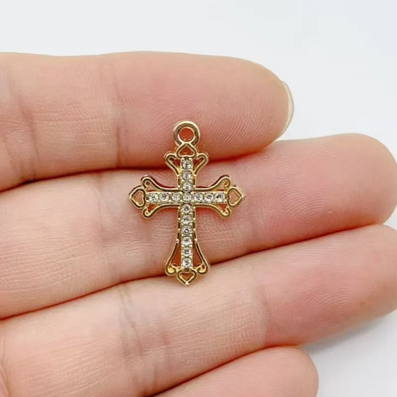 10pcs Diamond studded Gold Cross Alloy Pendant Love Wings Water Diamond Cross Pendant DIY Bracelet Necklace Jewelry view 2