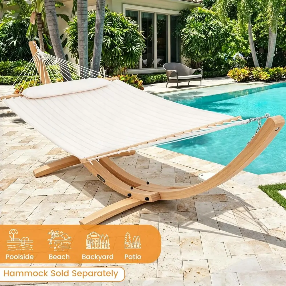 Double Layer Quilted Fabric Hammock with Natural Wood Arc Stand, Spreader Bar, Removable Pillow, 2-Person Capacity, 450 lbs