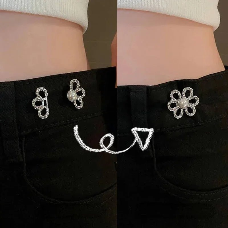 Reusable Metal Waist Buckle Pearl Flower Style Retractable Waist Tighten Buckle Clip Snap Fastener Pants Pin for Jeans Button