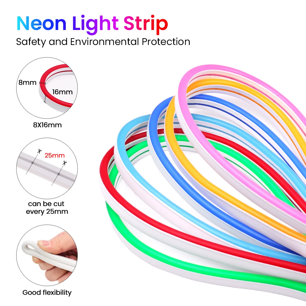 DC 12V LED Neon Strip 8X16MM Rope Lights Neon Sign 2835 120LED/m Flexible Tape With 2pin Wire/DC female Waterproof IP67