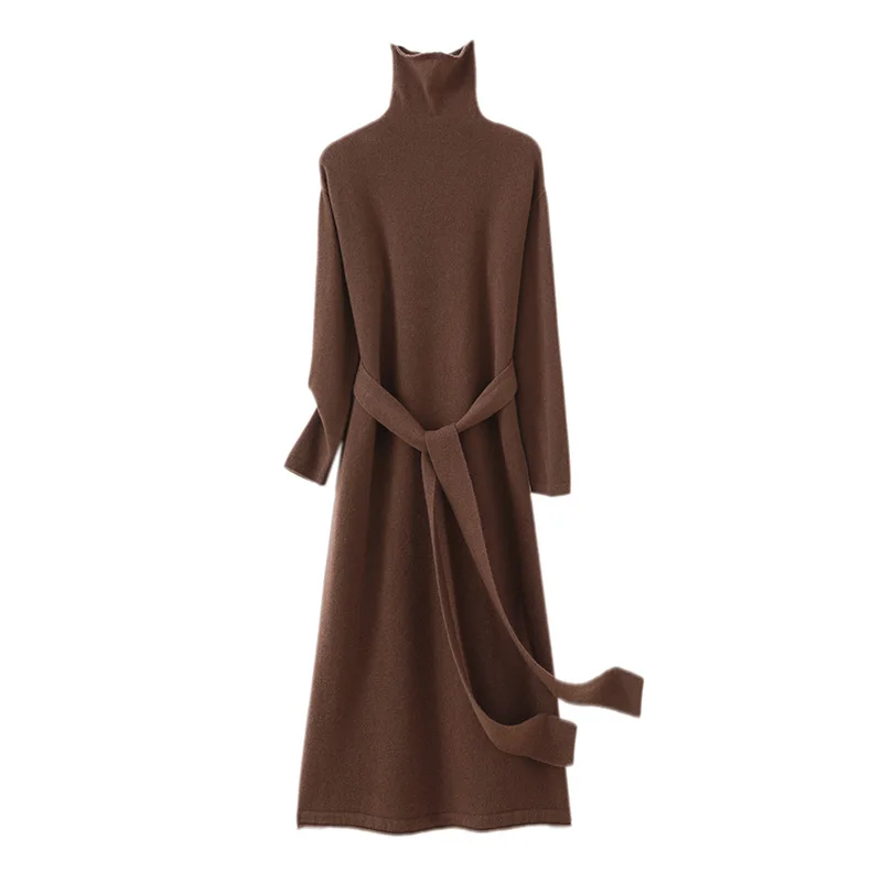 New women\'s high neck wool dress, high-end knitted slim fit full sleeve women\'s long style pullover 100 pure wool dress sweater