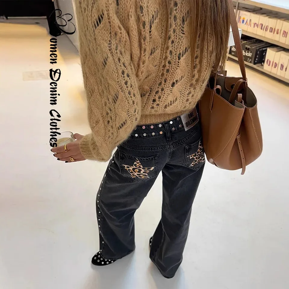 

One Dilemma Womens Jeans Straight Relaxed Jeans High Waist Vintage Jeans Star Studded Rhinestone Embellished Denim Casual Chic