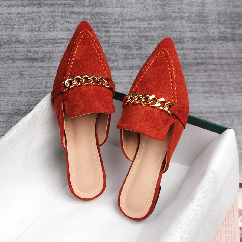 Mules à bout pointu pour femmes, chaussures d'extérieur décontractées avec chaîne en métal, grande taille 41 à 43, printemps 2023