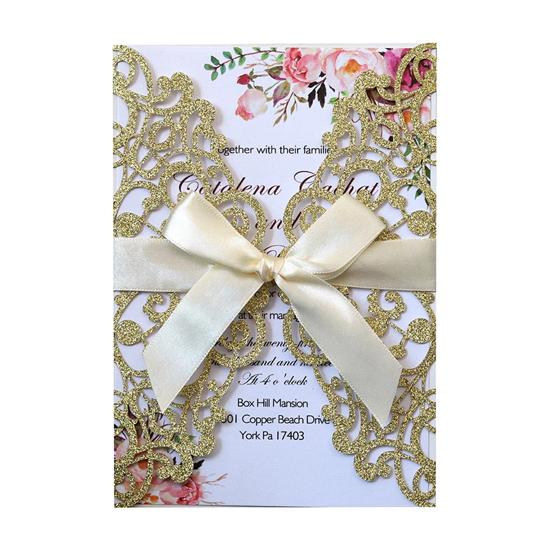 10pcs Glitter Invitation Card With Ribbon Greeting Cards Wedding Mariage Invite Party Baptism Bar Mitzvah Party Decoration