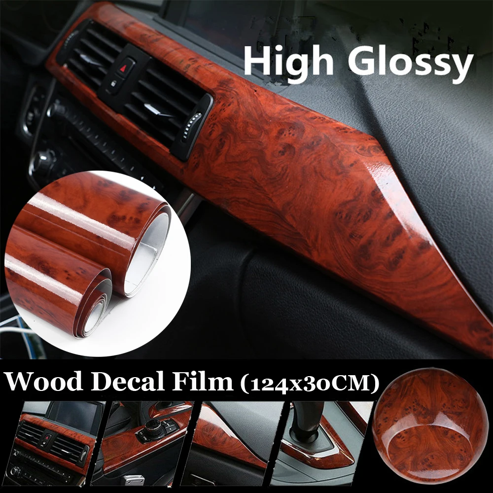 30x124CM 3D High Glossy Wood Grain Vinyl Film Car Stickers Waterproof DIY Styling Wrap Auto Vehicle Detailing Internal Car Acces