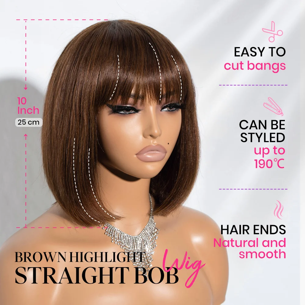 هدية عيد الميلاد العظام مستقيم قصير بوب شعر الإنسان بوب براون اللون باروكة من شعر طبيعي مع الانفجارات آلة كاملة صنع شعر مستعار ارتداء للذهاب شعر مستعار