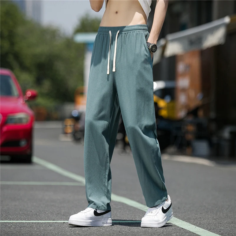 

Летние тонкие хлопковые льняные прямые повседневные брюки, свободные широкие брюки, мужские удобные дышащие длинные брюки