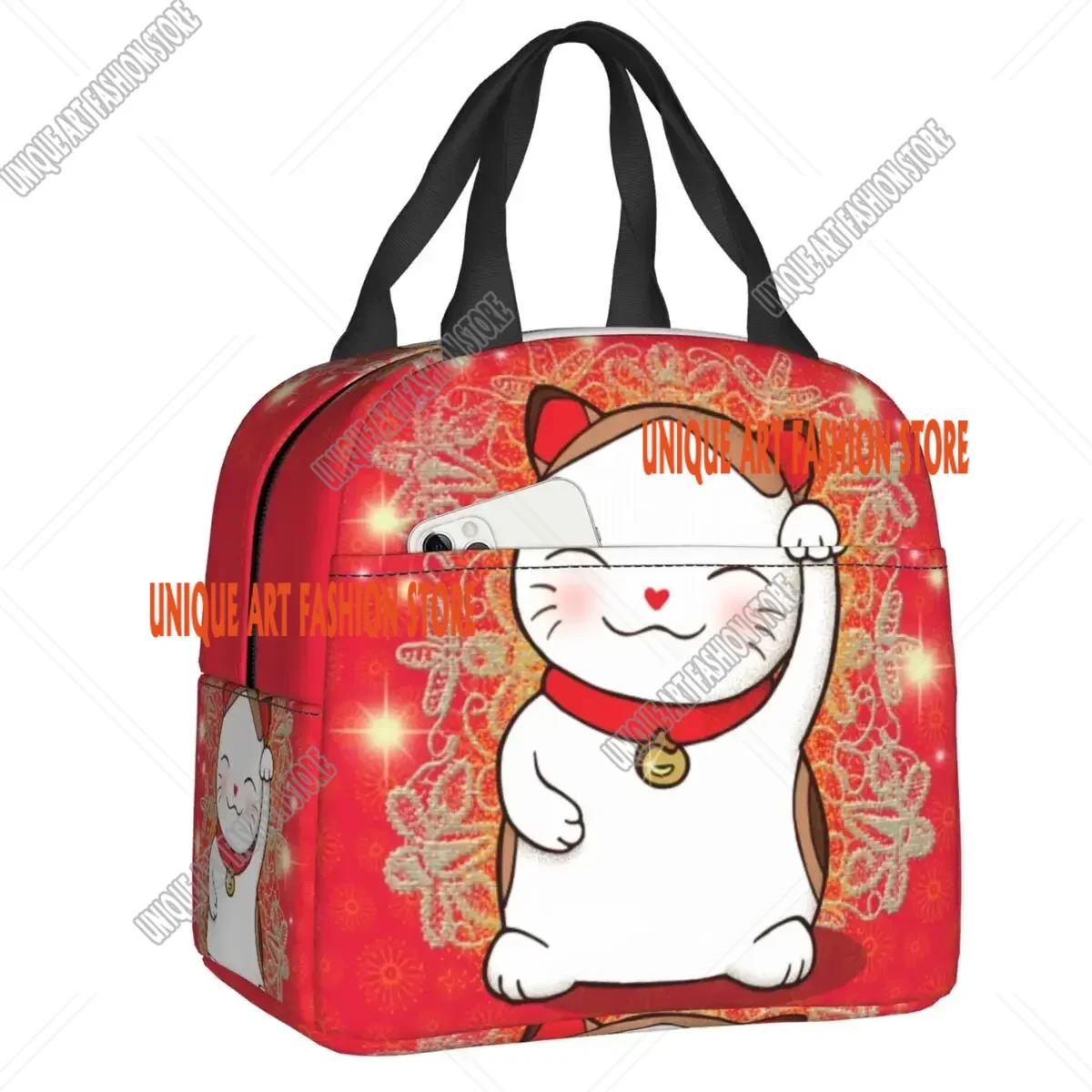 Bolsa tote de almoço isolada maneki neko, fofa, para mulheres, gato da sorte japonês, refrigerador térmico resuável, caixa bento, acampamento, viagem