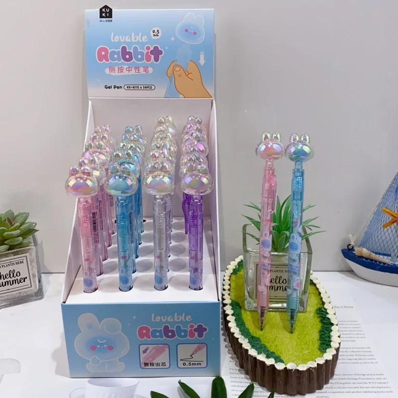 

24pcs/lot Creative Crystal Rabbit Press Gel Pen Cute 0.5mm Black Ink Neutral Pens For Writing Office School Supplies