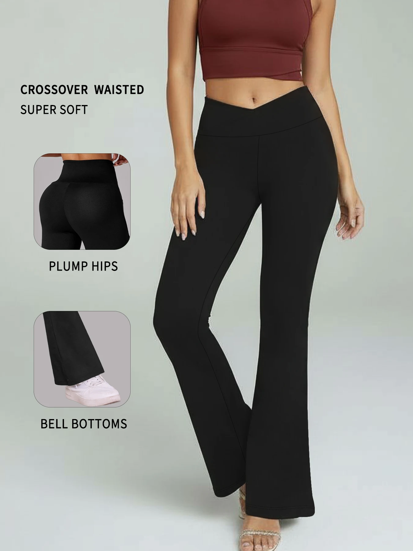 

Women's Super Soft Crossover High Waisted Flare Leggings. Tummy Control Yoga Bootleg Bell Bottoms