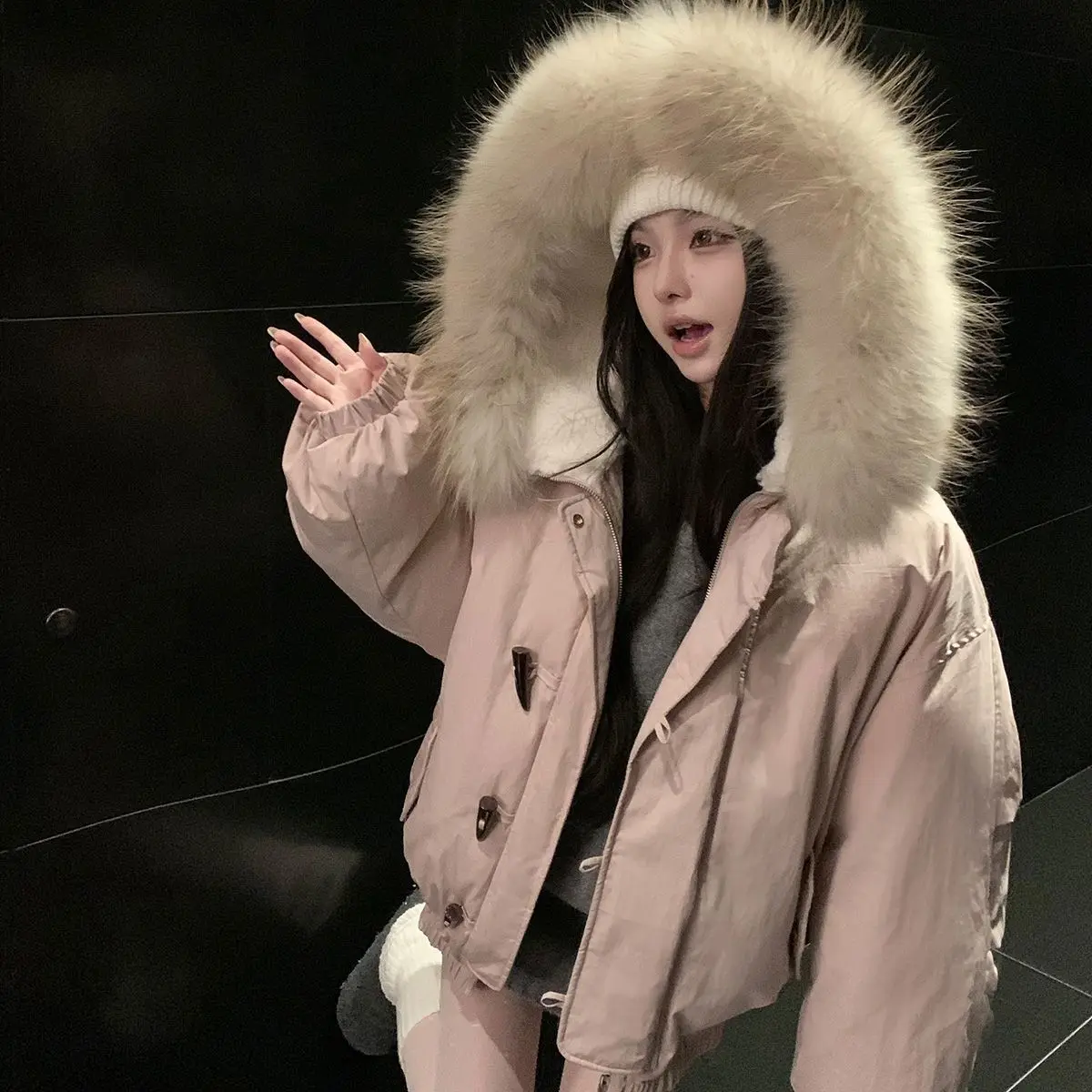 Winter Clothes Women Fur Collar Hooded Puffer Jacket Short Parka Y2K Streetwear Thick Windproof Coat Warm Cotton Padded Jacket