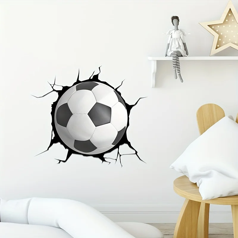 1pc Cracked Wall Soccer Wall Decals, suitable for decorating bedrooms, living rooms, kids' rooms, doors, cabinets, refrigerators