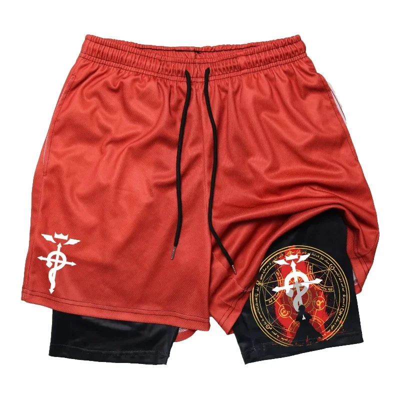 Anime Fullmetal Alchemist Gym Workout Shorts for Men 2 in 1 Compression Shorts with Pockets 5 Inch Quick Dry Running Fitness