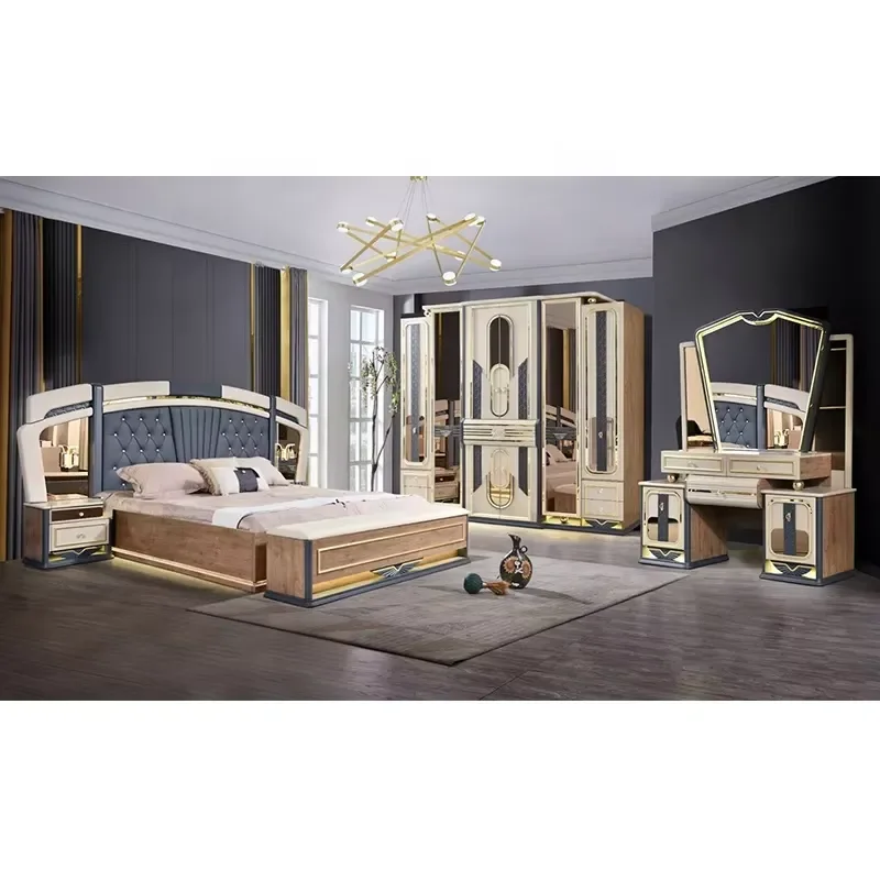 Turkish Style Luxury Bedroom Furniture Set Royal King Size Bed Solid Wood Frame Double Master Bedroom Full Suite Elegant Home