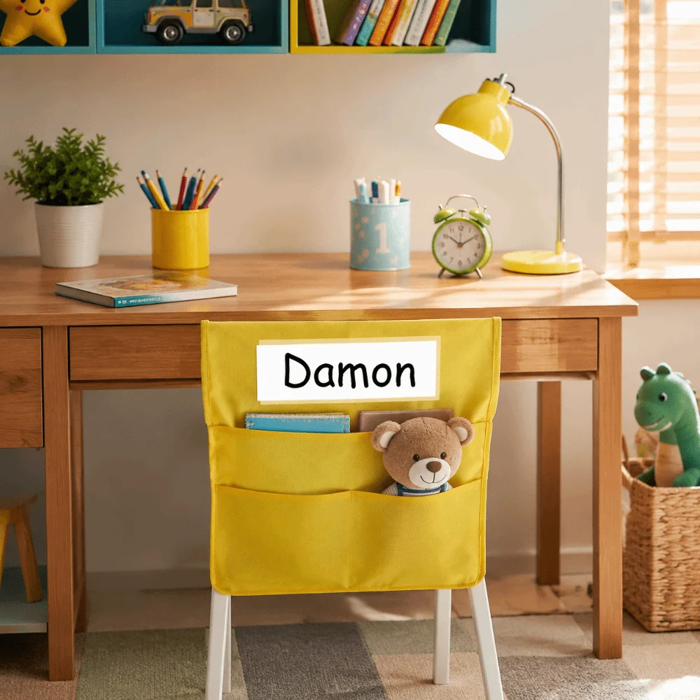

Oxford Chair Back Pocket With Name Tag Multi-Functional Hanging Storage Bag Bright Color Classroom Organizer Bedside Table