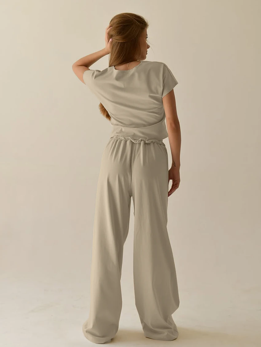 Marthaqiqi Home Clothes Women Short Sleeve Pajama O-Neck Sleepwear Crop Top Nightgown Pants Casual Ladies Nightwear 2 Piece Suit