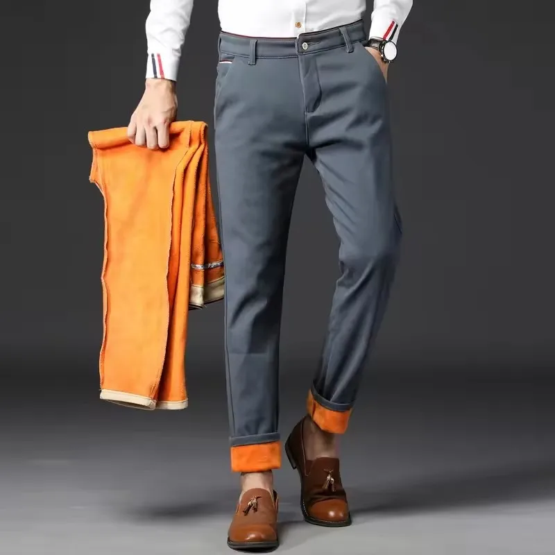 

Winter Men Korean Fashion Straight Leg Pants Winter Snow Warm Thermal Thicken Casual Pants New Fleece Slim Fit Business Trousers