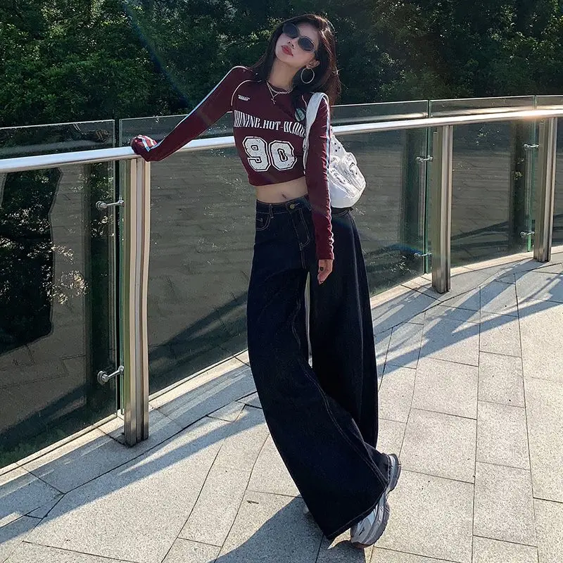 

Lucyever винтажные потертые широкие джинсы женские темно-синие мешковатые джинсовые брюки с высокой талией Y2K женские уличные повседневные прямые брюки