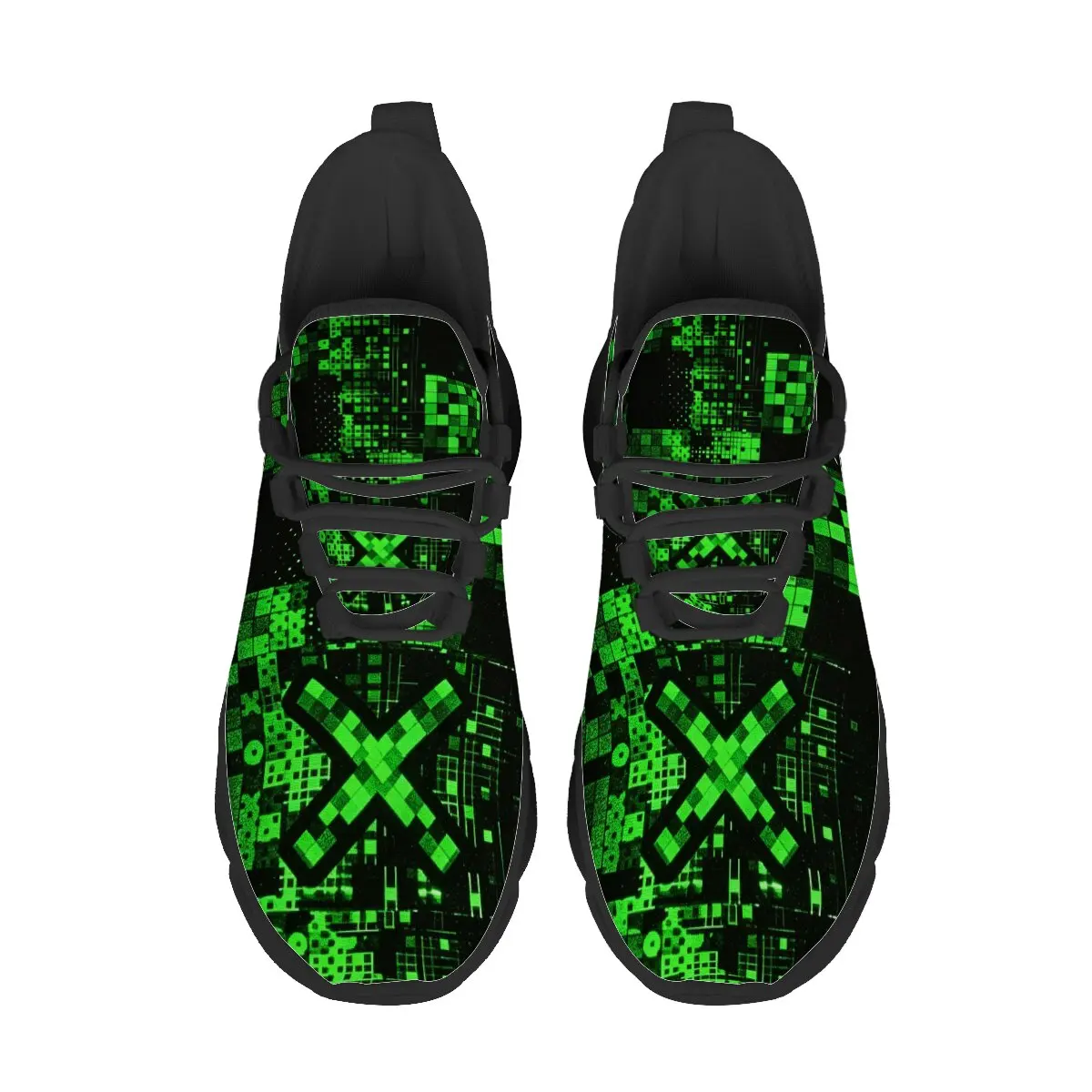 Green Cyber Pixel Mosaic Print Unisex Adult Wave Sole Sneakers Comfort Mesh Trend Gaming Style Walking Footwear Easy To Wear