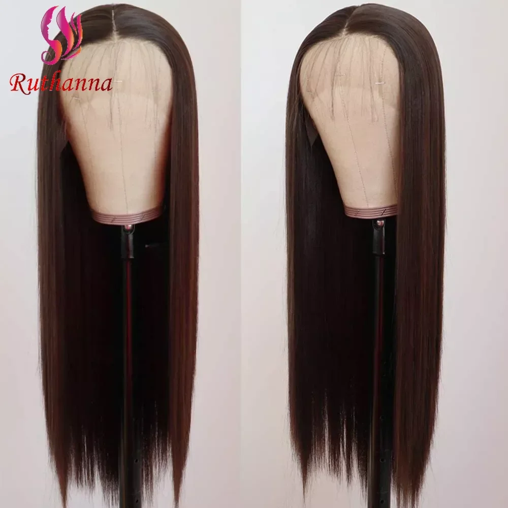 New 13x1 T Part Lace Front Synthetic Long Straight Wig For Women 28 Inch Brown Transparent Lace Frontal Daily Party And Use