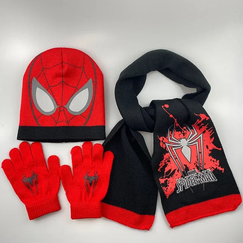 Disney Spiderman Kids Hat Scarf Gloves Three-piece Set Boys Lovely Knitted Woollen Hats Baby Wool Hat Scarf Kawaii Thick Hats