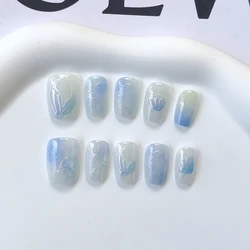 10pcs Short T Blue Mermaid Cat's Eye Handmade  Press on Nail False Nails Square Head Girl Lady Wearable Detachable Nail Tips