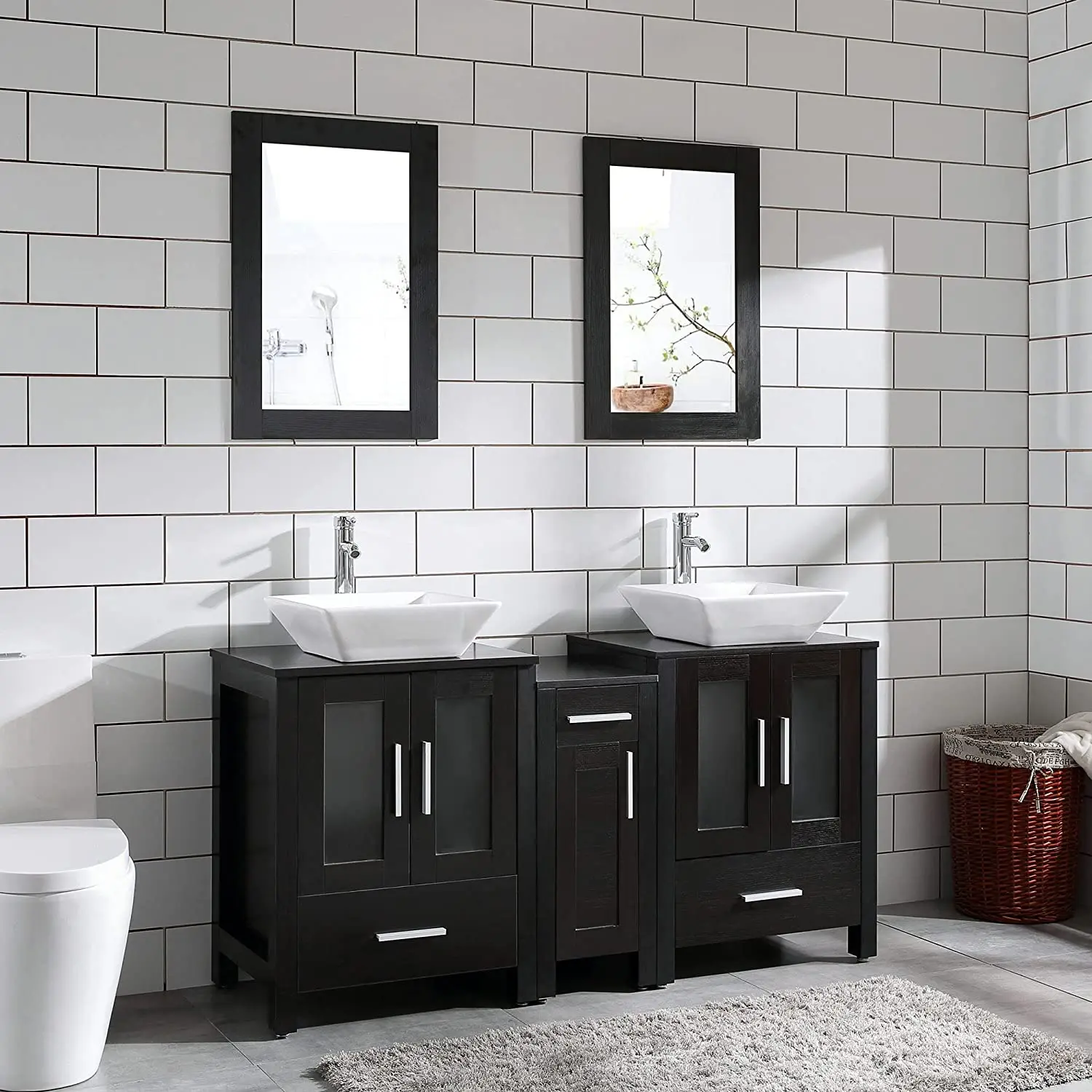 Bathroom Vanity Cabinet Glass Sink Double Top Black Wood Texture Modern W/Faucet Drain And Mirror