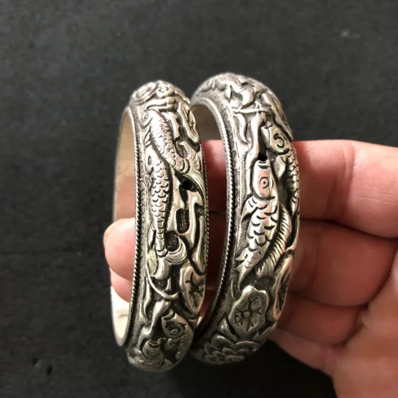 Vintage with Prosperity after Year Design, Distressed Black Tibetan Bracelet, Miao Silver