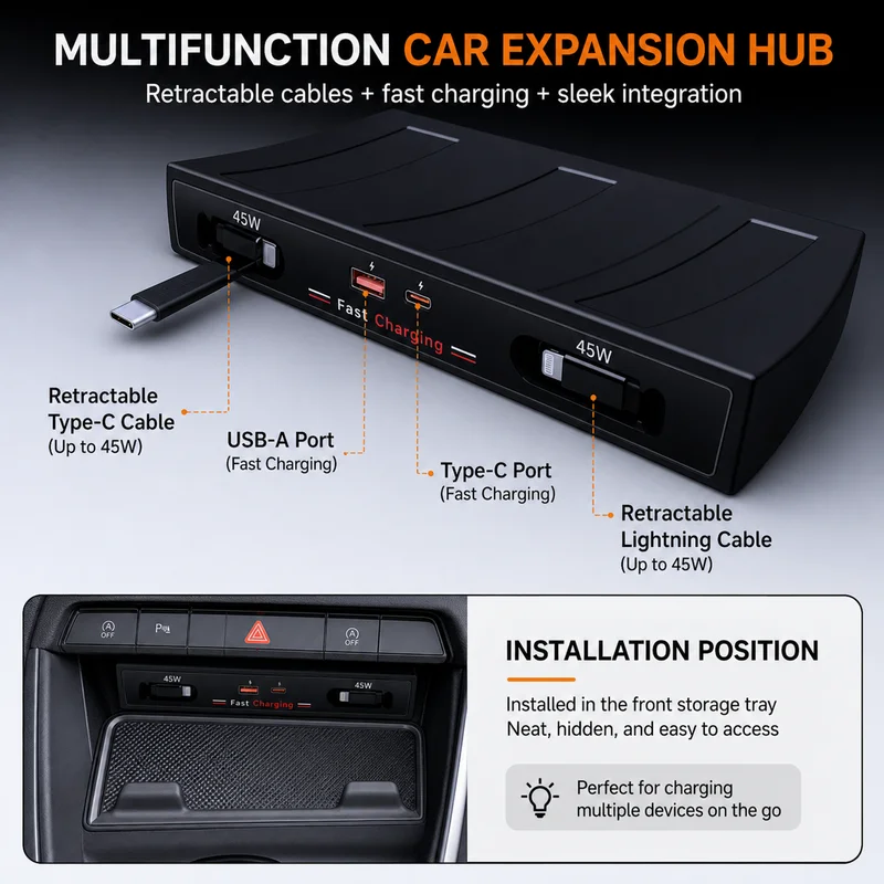 For VW Tayron Car Expansion Dock Charger Cigarette Lighter Multifunction Retractable USB Cable Car Mount Accessories