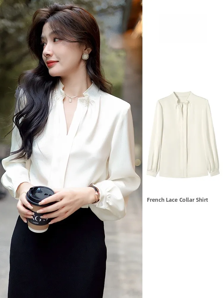 

Ele V-ne Long Sve Satin irt Women's Slimming Busin Commute Top White Straight Cut Polyester Fiber Anti-stain