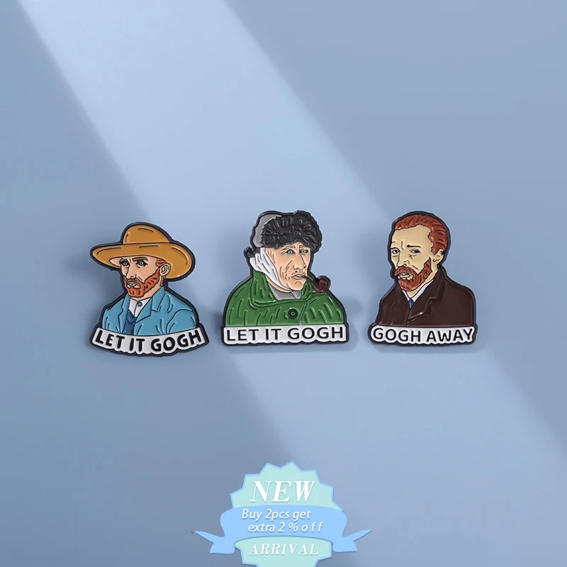 Let It Gogh Enamel Pins Gogh Away Van Gogh Self-Portrait Brooches Lapel Backpack Badge Funny Jewelry Gifts For Artistic Friends