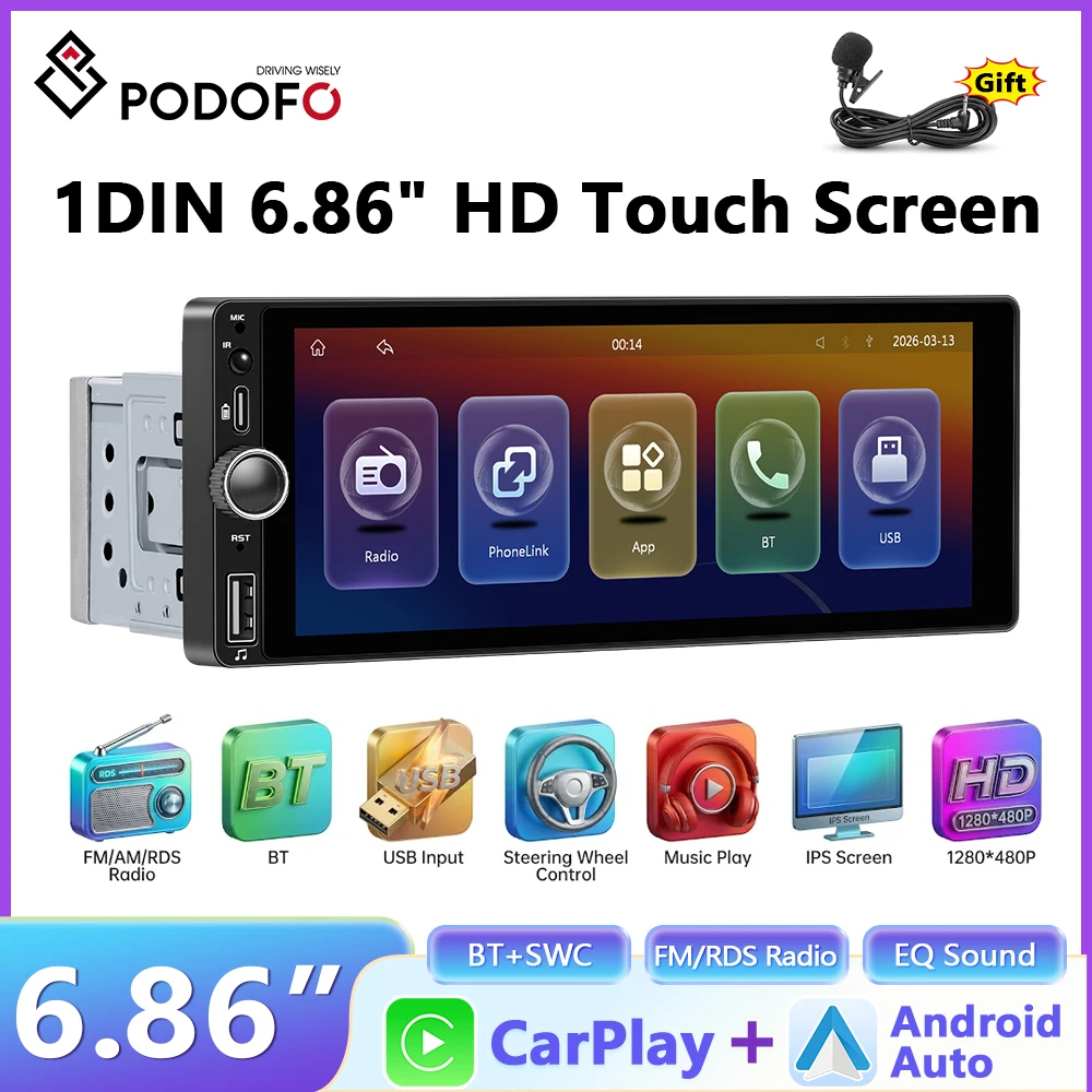 Reproductor MP5 Universal para Auto Podofo 1 Din de 6.86 Pulgadas HD, Receptor de Radio FM Bluetooth, Carplay Inalámbrico, Android Auto, Video Multimedia, USB