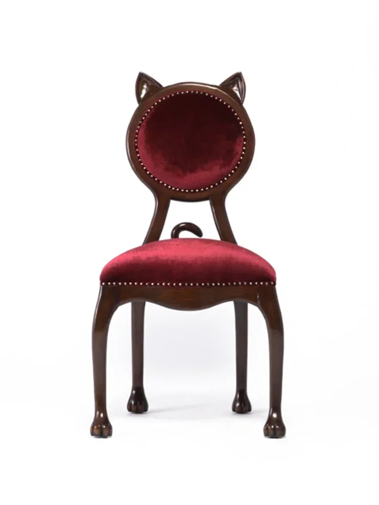 Solid Wood Cat-Ear Chair Champagne Gold Leisure Sofa Wine Red Fabric Dining Chair Armchair