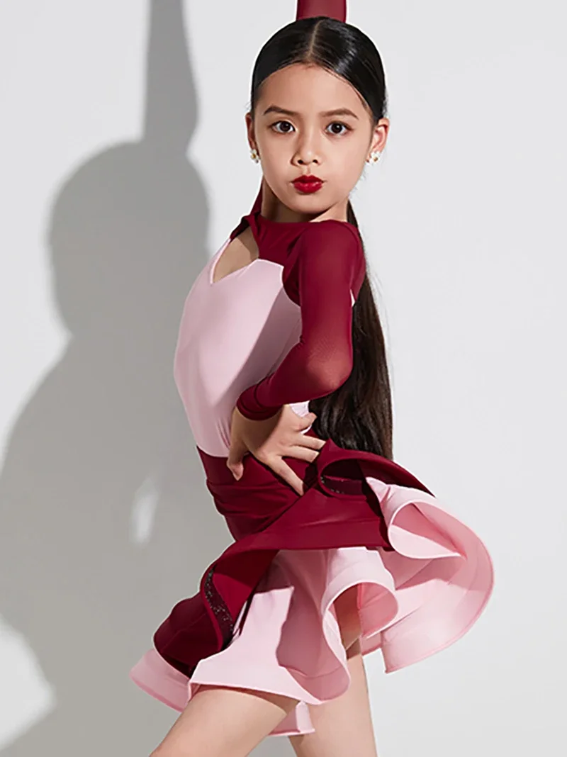 Vestido de baile latino con falda grande y dobladillo, traje rojo de malla de manga larga para niñas y niños con falda, conjunto de actuación de práctica, trajes de baile
