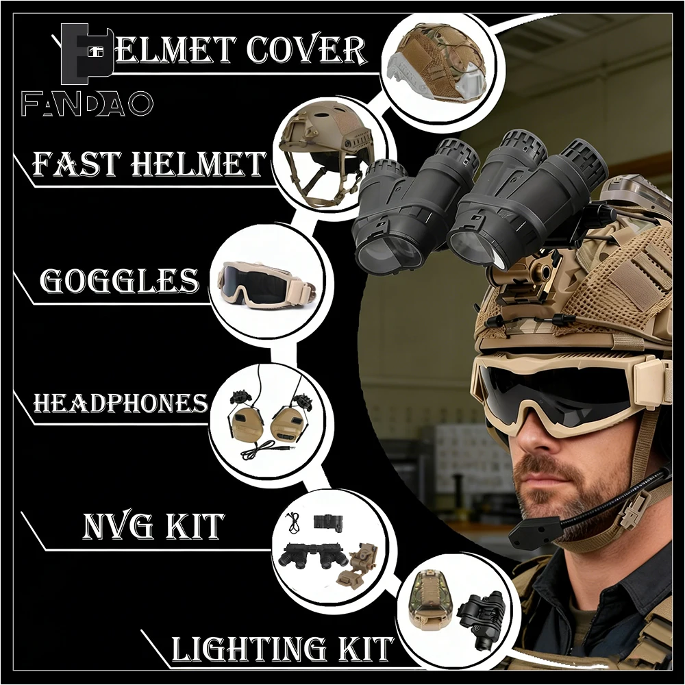 Tactical Helmet Set Airsoft Paintball Protective Helmet Kit with Signal Light NVG Dummy Model Flashlight Goggles for CS Shooting