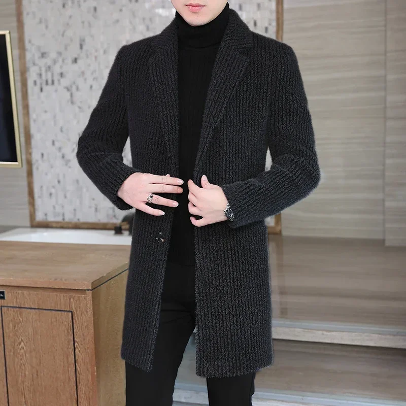 High-end Feel Men Fashion Handsome All Woolen Coat Suit Collar Long Trench Coat Woolen Coat Thick Casual  Winter Jacket Men