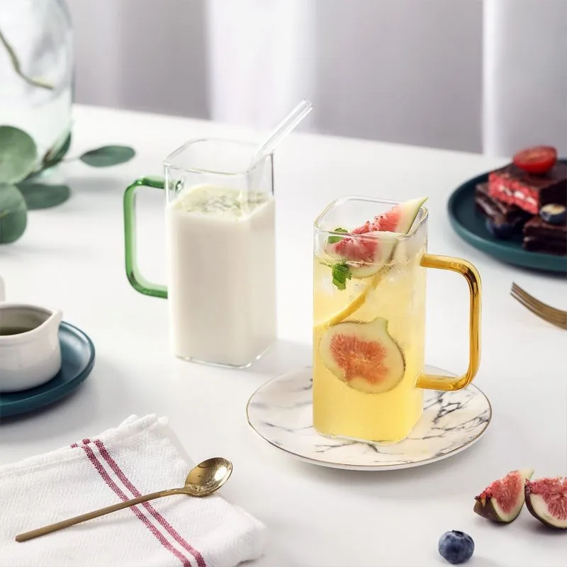 2Pcs Square Mouth High Borosilicate Glass Water Cup Random Color Handle Household Juice Milk Mug Clear Square Drinking Glass Cup