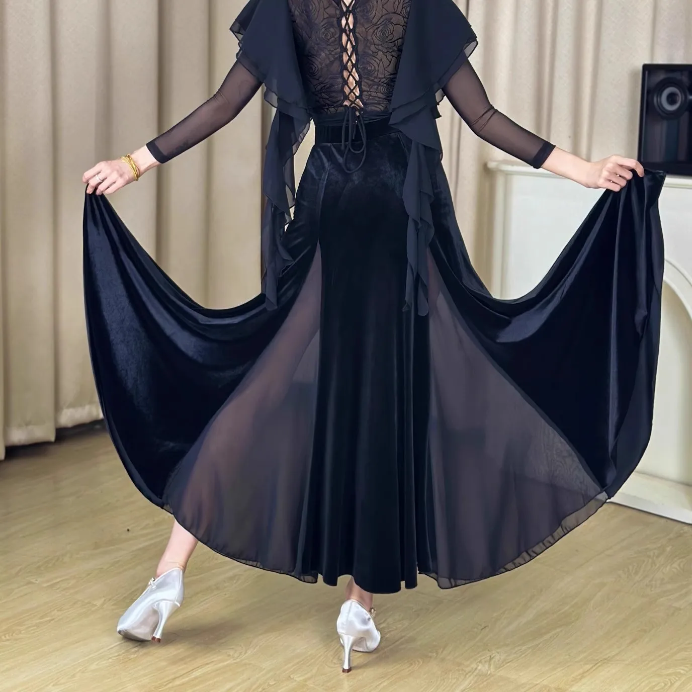 Moderne Dans Fluwelen Rok Voor Vrouwen Volwassen Nationale Standaard Dans Mesh Halve Rok Chacha Ballroom Dansvoorstelling Slijtage DN21960