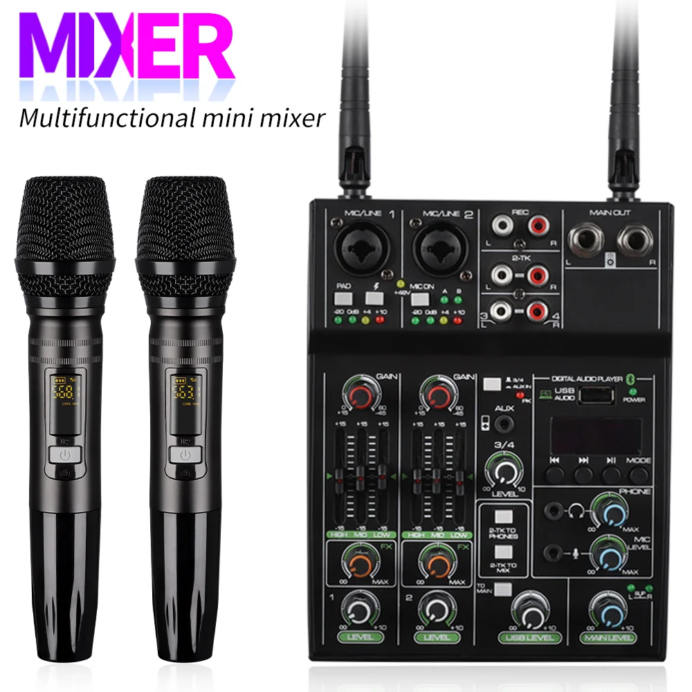 

AX2 4-channel DJ Mixer Professional Audio Mixer with Wireless Microphone Sound Board Console System Interface Portable Dual UHF