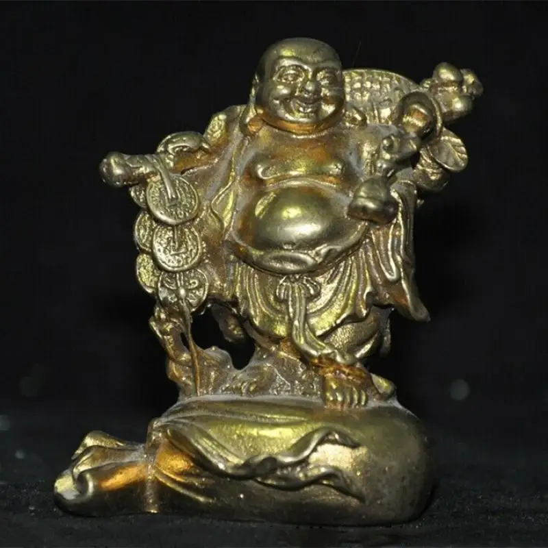 3.2'' Chinese Buddhism Temple Brass Wealth Happy Smile Maitreya Buddha Statue