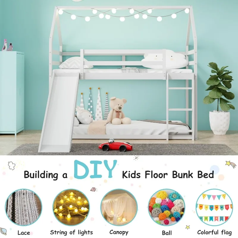 House Bunk Bed with Convertible Slide and Ladder Floor Bunk Bed Twin Over Twin with Safety Guardrail Bunk Bed with Roof