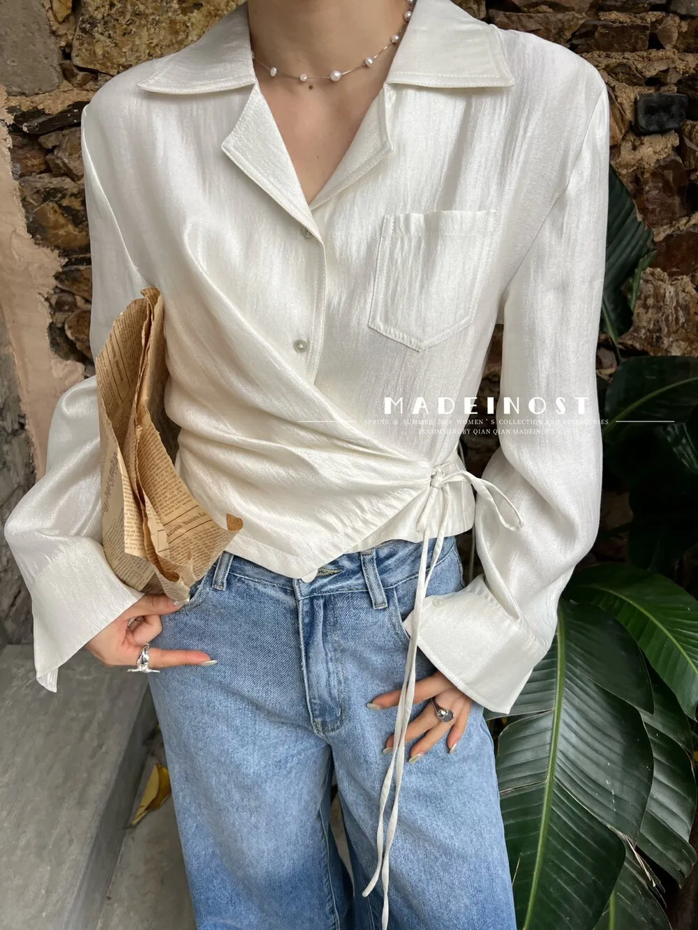 

ZHISILAO Solid Long Sleeve Shirts Spring Summer Tops 2024 Vintage Bandage Office Lady Blouse Chic